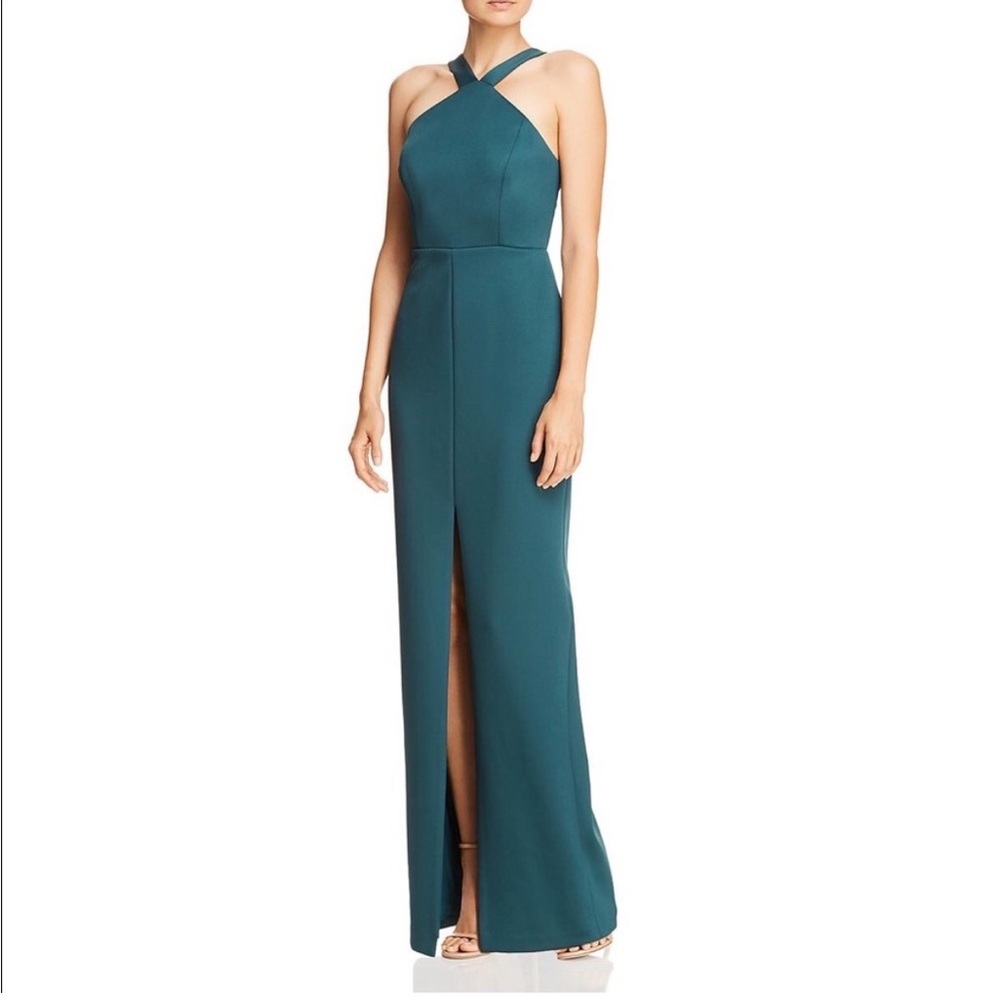 NWT Aidan Mattox Hunter Green Halter Scuba Column Maxi Gown with Front Slit